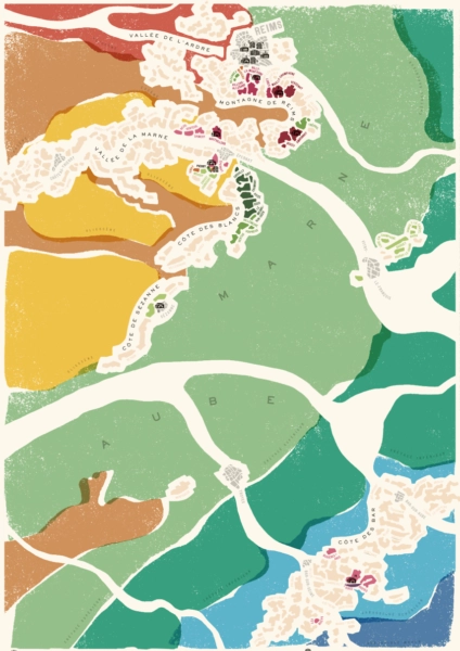 Cartographie du vignoble Taittinger dont s’est inspirée Sarah Walbaum pour créer les pare-vues du restaurant “Polychrome”