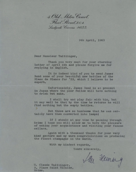 La lettre de Ian Fleming, adressée à Claude Taittinger (1963)
