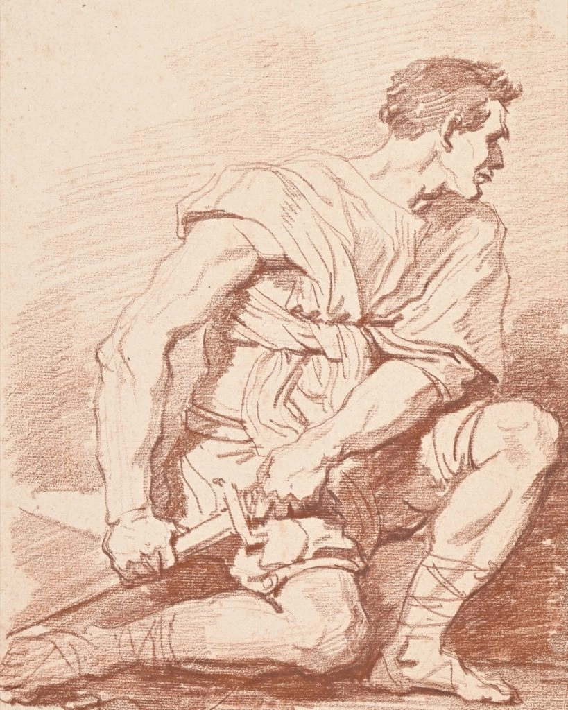 Étude de soldat un genou au sol tirant son sabre du fourreau – Sanguine par Jean-Honoré Fragonard (1732 – 1806), estimation 30 000 – 40 000€ (vente le 24 septembre)